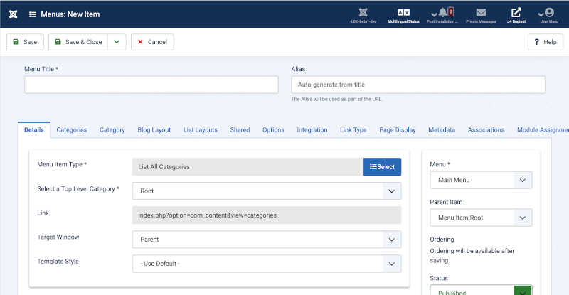 List All Categories menu item