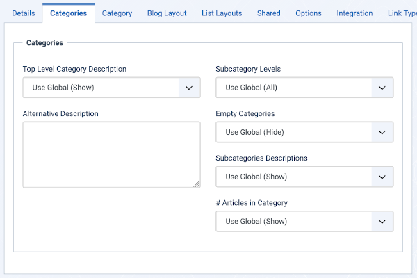 Categories Options Screenshot