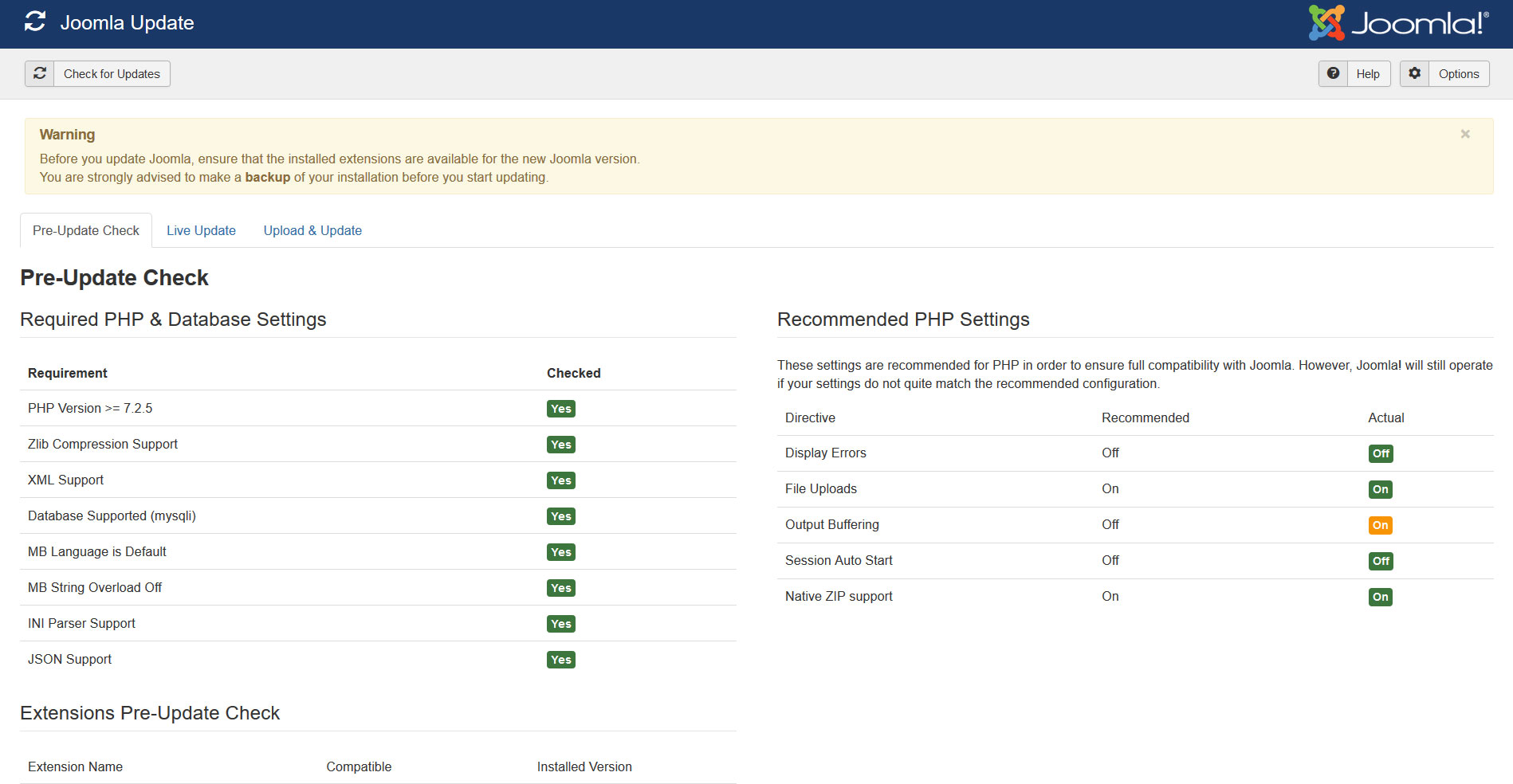 Required PHP and Database Settings portion of the Pre-Update Check Component as of 5th June, 2020