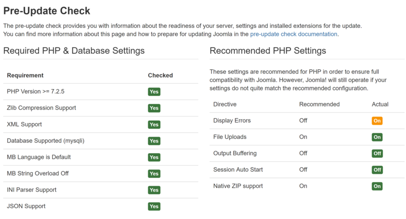Required PHP and Database Settings portion of the Pre-Update Check Component